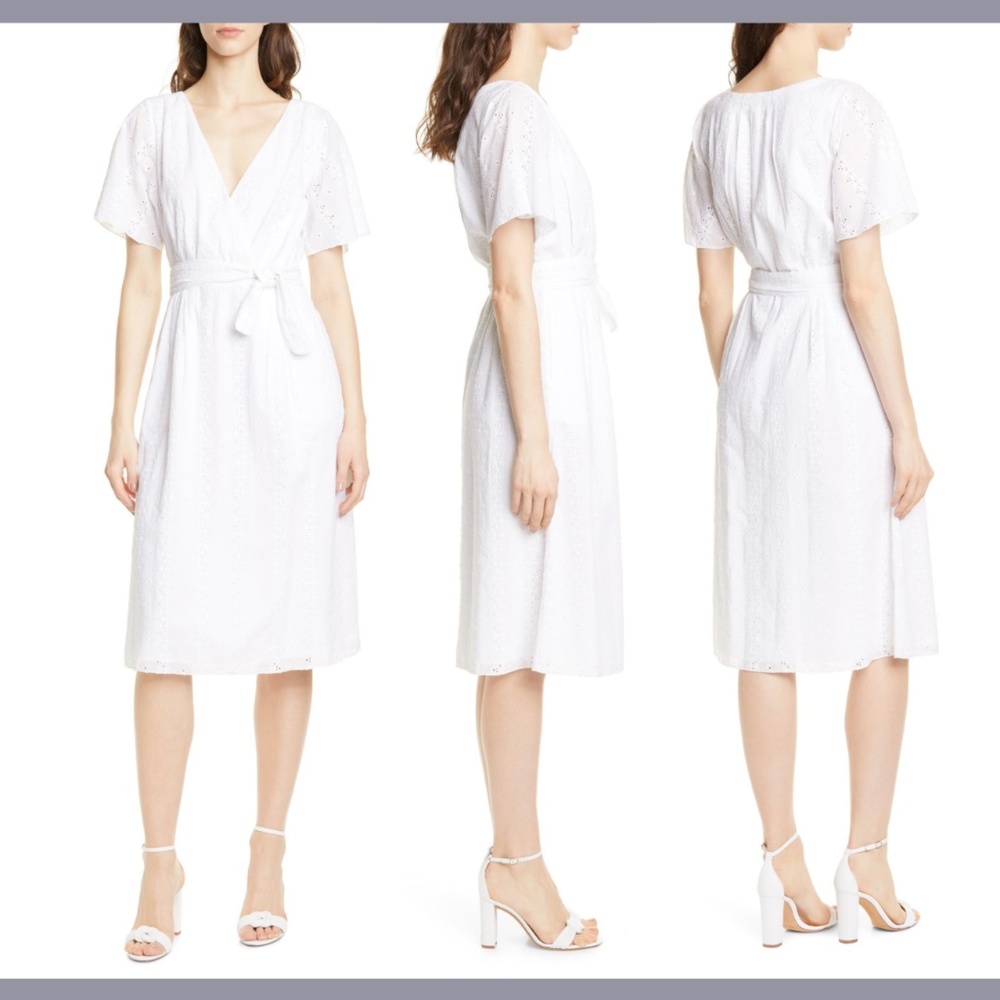 NEW $348 JOIE [ 2 ] Azariah Tie-waist‎ Eyelet Midi Dress In Clean White